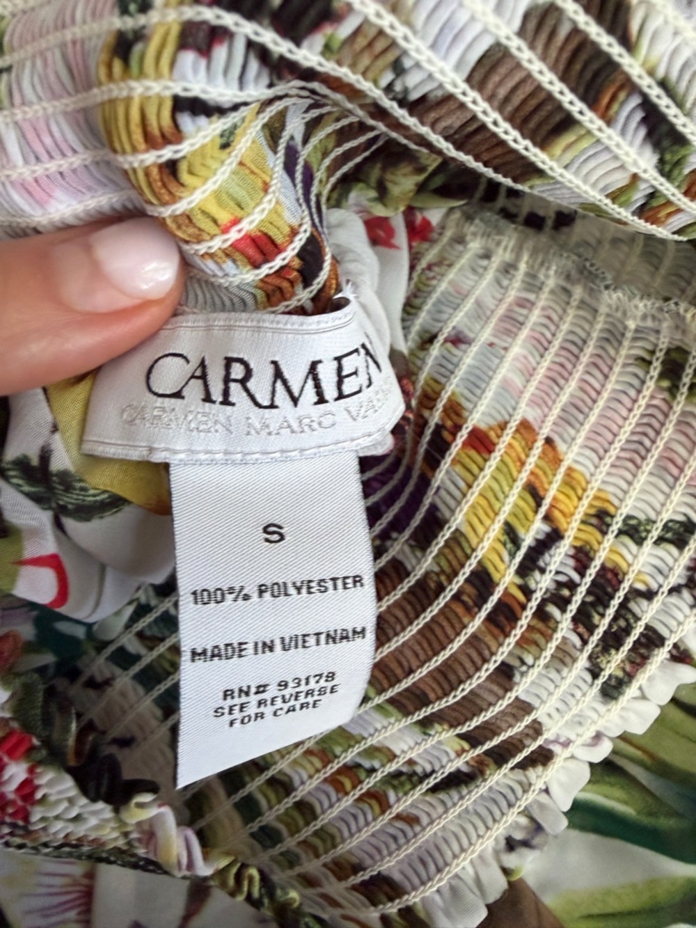 Carmen Marc Valvo White Tropical Floral Wide-Leg Pants with Smocked Detail - Picture 6 of 6